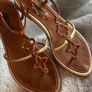 Authentic Louis Vuitton Brown Leather Sandals with Gold/ wood Accents